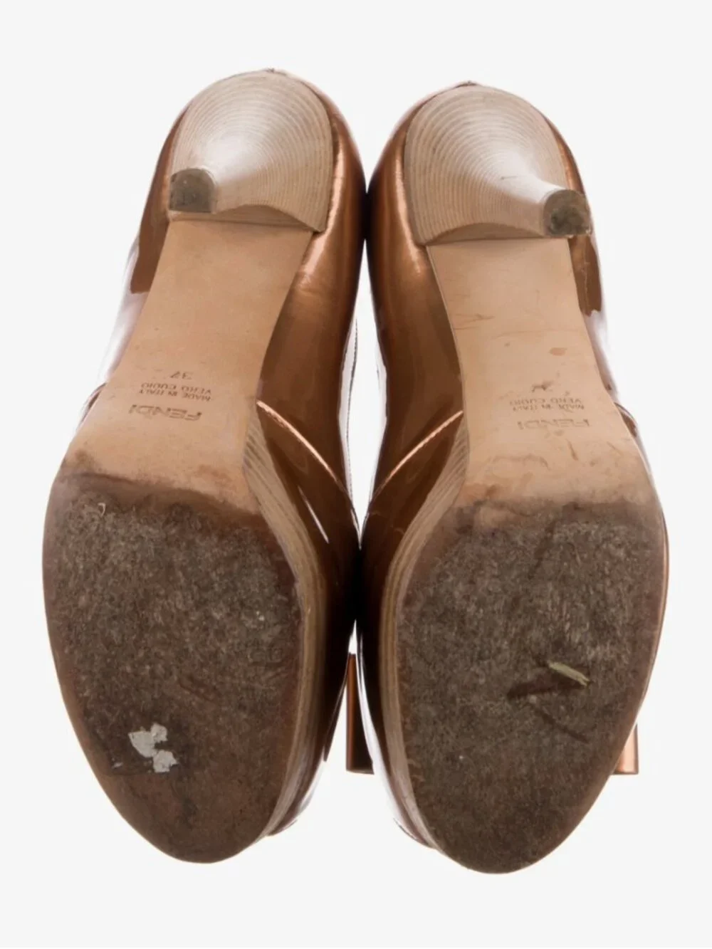 FENDI Gold Copper Patent Leather Bow Open Toe Platform Pumps